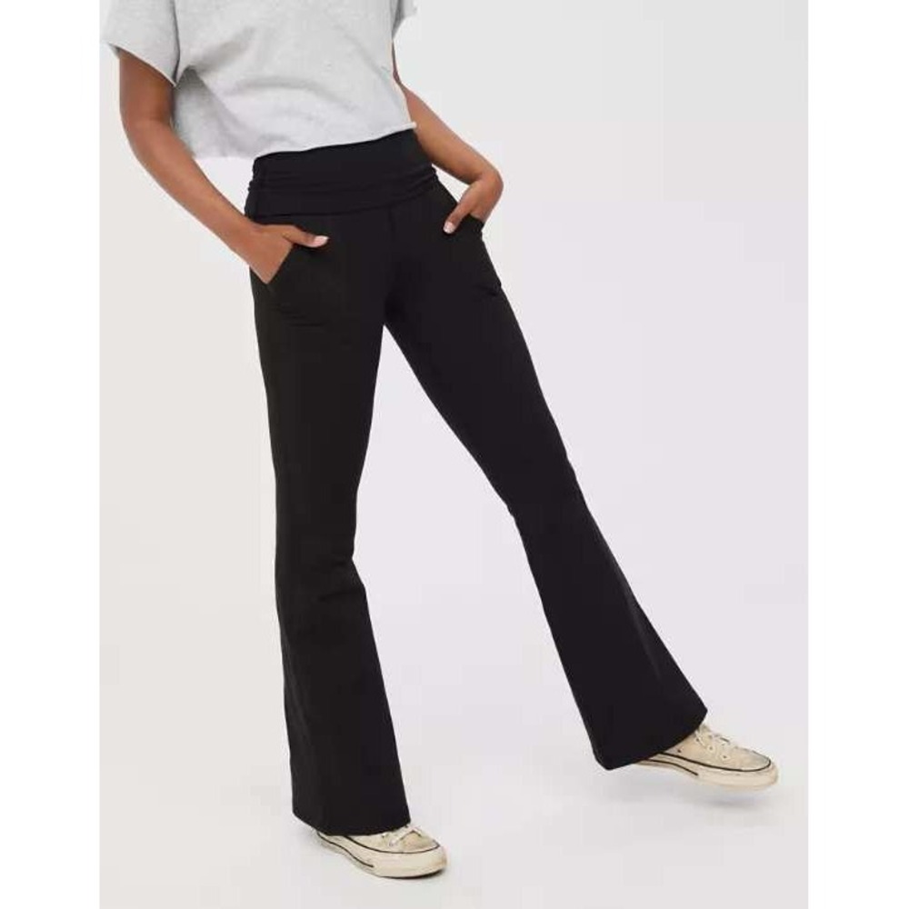 Aerie The Hugger Fold Over Flare Leggings Pockets Women's Small Black Yoga